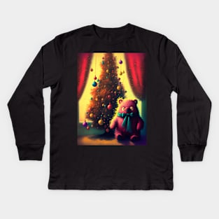 Christmas teddy bear under the tree Kids Long Sleeve T-Shirt